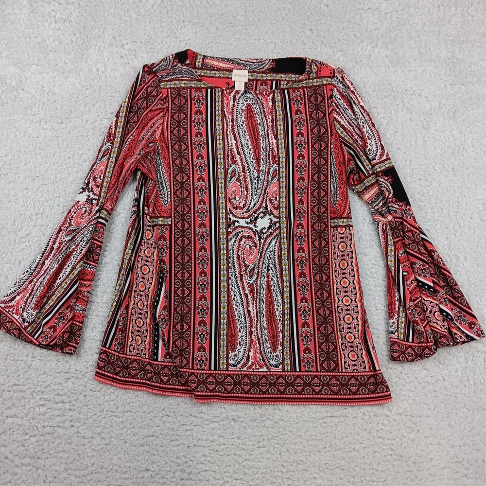 Chico's Bell Sleeve Top Womens 2 L Red Paisley Geometric Knit Boat Neck 07117